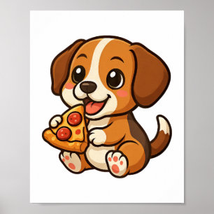 Poster Chien beagle mignon pizza amateurs de pizza dessin