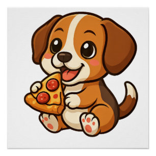 Poster Chien beagle mignon pizza amateurs de pizza dessin