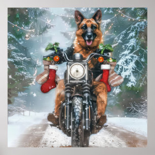 Poster Chien berger allemand équitation moto Noël