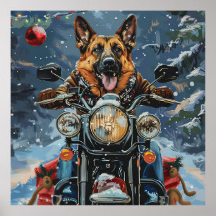 Poster Chien berger allemand équitation moto Noël