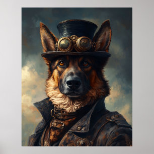 Poster Chien berger allemand Steampunk en haut-de-forme
