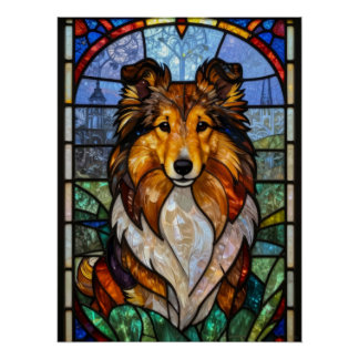Poster Chien berger des Shetland Sheltie Art de vitrail