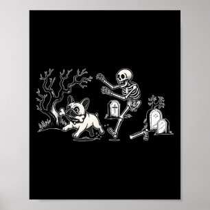 Poster Chien Bouledogue Français Chassant un Squelette po