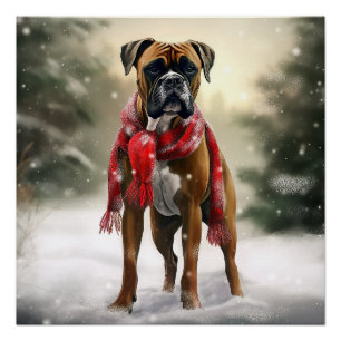 Poster Chien Boxer dans la neige de Noël