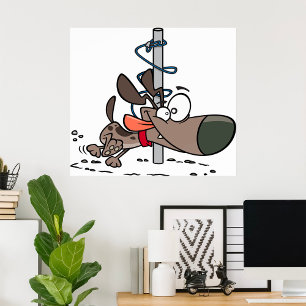 Poster Chien caricaturé serré autour d'un pôle avec des f