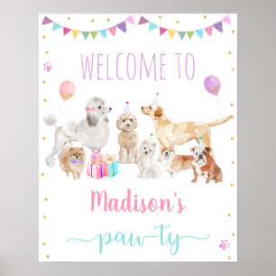Poster Chien Chien rose Fille Paw-ty Anniversaire Bienven