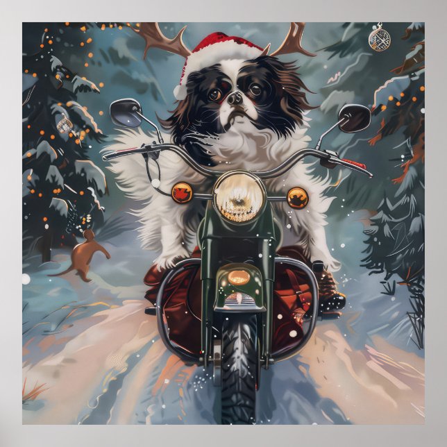 Poster Chien Chin japonais équitation moto Noël (Devant)