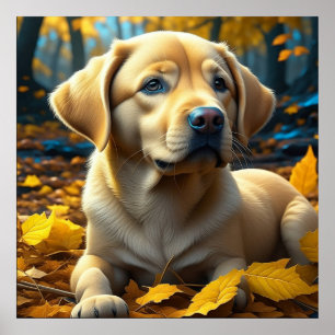 Poster Chien chiot jouant dans les feuilles d'automne  