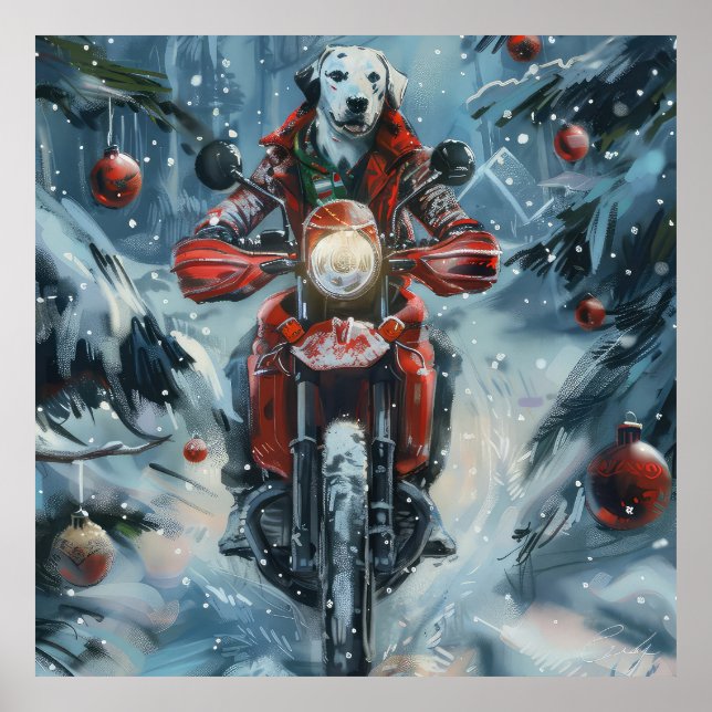 Poster Chien dalmate équitation moto Noël (Devant)