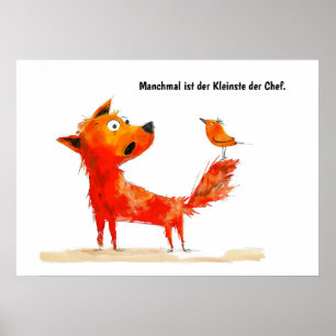 Poster Chien de bande dessinée à l'aquarelle et oiseau su