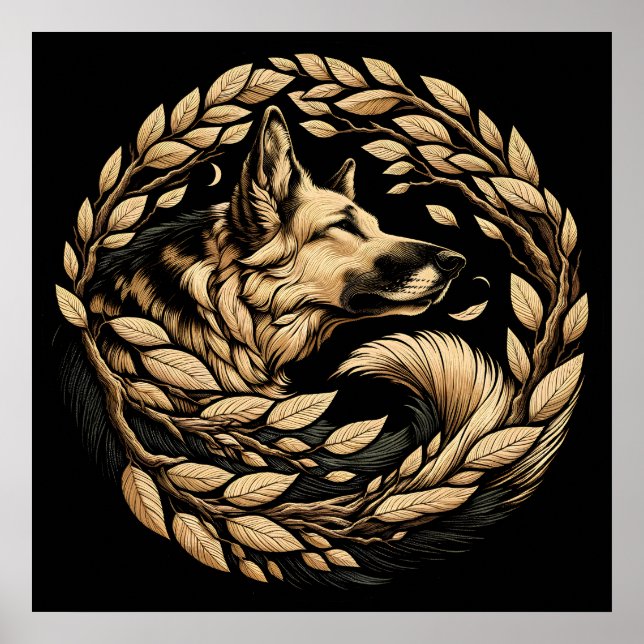 Poster Chien de berger allemand Art flore bergers alleman (Devant)