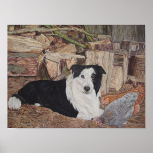 Poster chien de border collie dans le rondin jeté avec