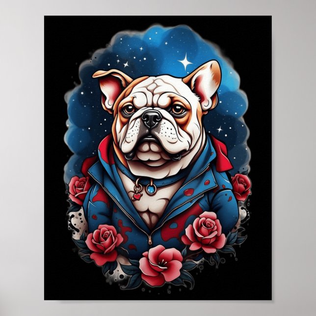 Poster Chien de Bulldog Old School Tattoo Style Retro Vin (Devant)