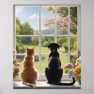Poster Chien de chat regardant par la fenêtre