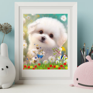 Poster Chien de chiot blanc maltais mignon dans Floral Ga