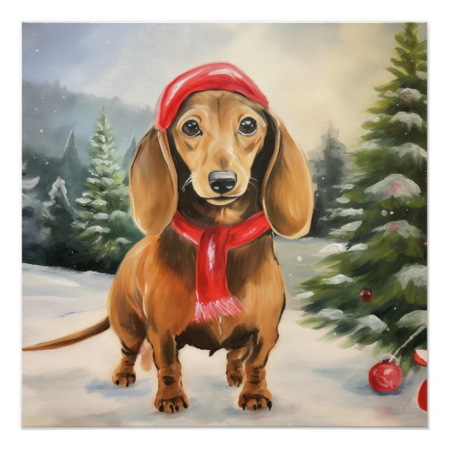 Poster Chien de Dachshund à Noël de neige (Devant)