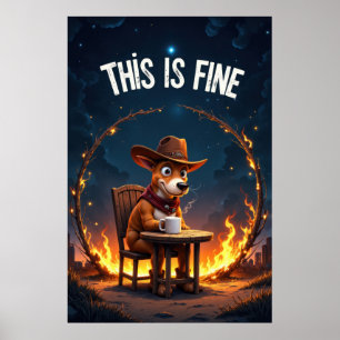 Poster Chien de dessin animé assis à une table avec du ca