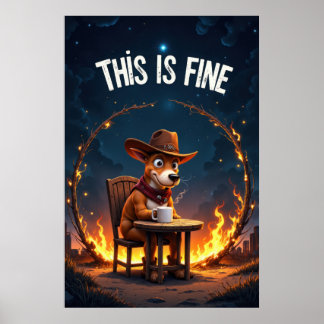 Poster Chien de dessin animé assis à une table avec du ca