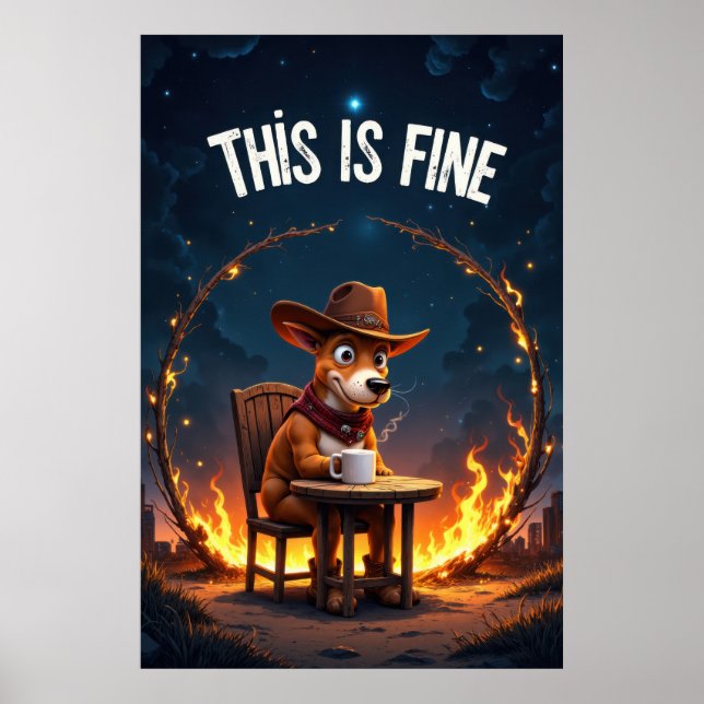 Poster Chien de dessin animé assis à une table avec du ca (Devant)