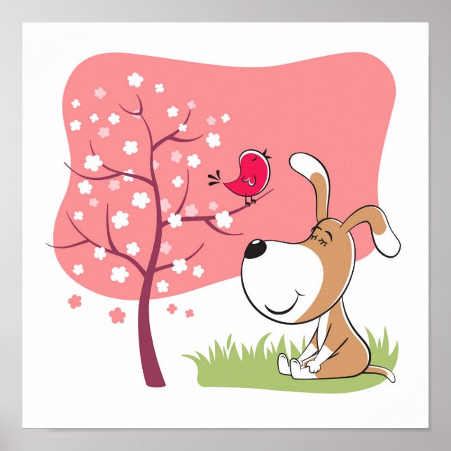 Poster Chien de dessin animé Fleur de printemps rose de f (Devant)