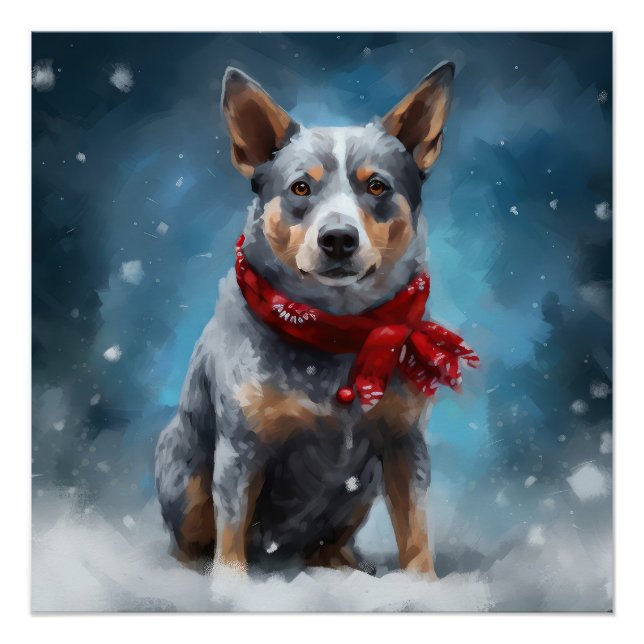Poster Chien de Heeler Bleu à Noël de neige (Devant)