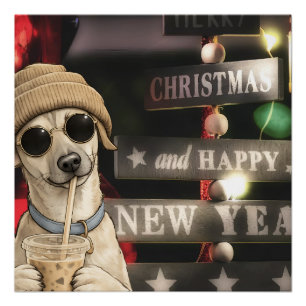Poster Chien de Noël drôle buvant du thé aux bulles