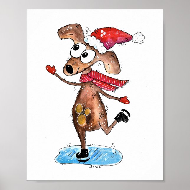 Poster Chien de Noël Whimsical sur patins à glace (Devant)