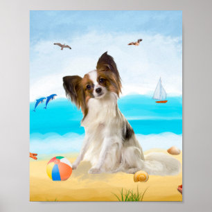 Poster Chien de Papillon sur la plage