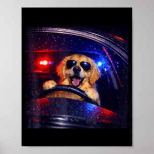 Poster Chien de police drôle golden retriever conduisant