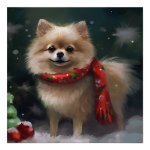 Poster Chien de Poméranie en Noël de neige