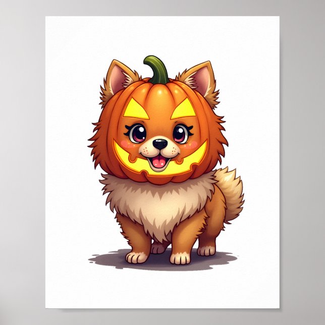 Poster Chien de Poméranie, Masque citrouille (Devant)