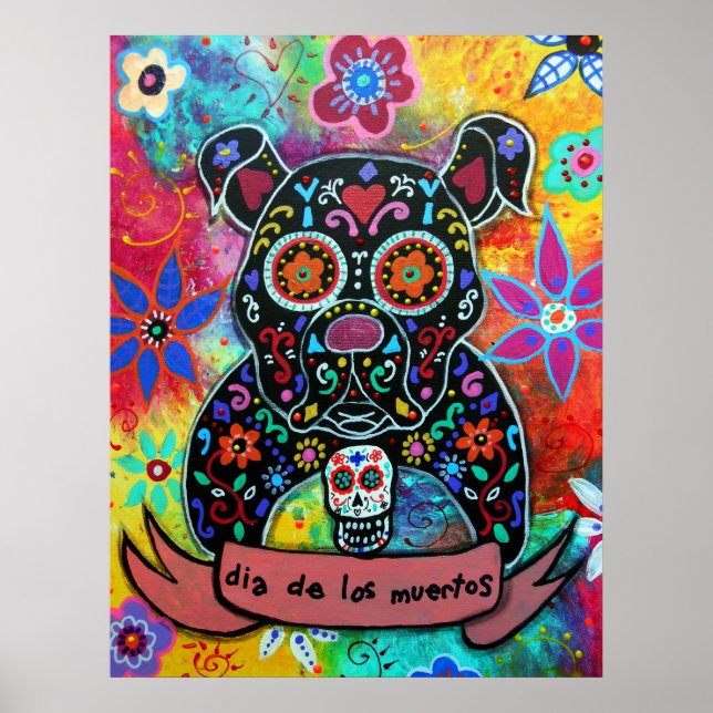 Poster Chien de taureau de Dia de los Muertos (Devant)