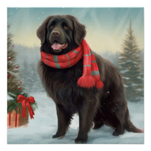 Poster Chien de Terre-Neuve à Noël de neige