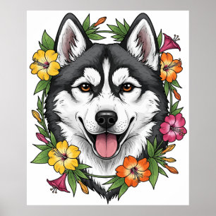 Poster Chien de Traîneau Husky Et Fleurs Colorées de Mira