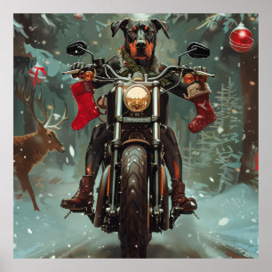 Poster Chien Doberman à moto Noël