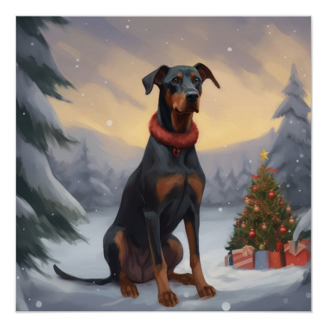 Poster Chien Doberman pendant Noël de neige (Devant)