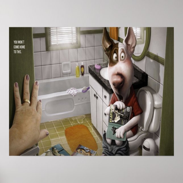 Poster Chien drôle et mignon dans la salle de bain (Devant)