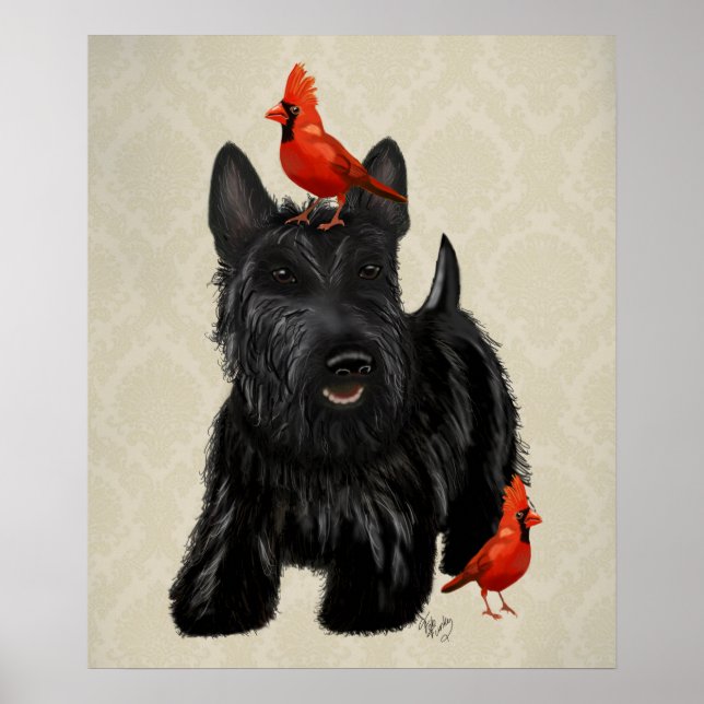 Poster Chien écossais et Oiseaux rouges (Devant)
