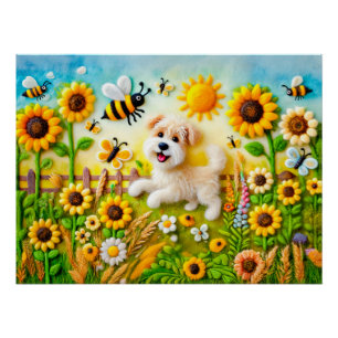 Poster Chien en feutre avec abeilles dans un jardin de to