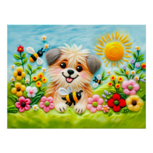 Poster Chien en feutre dans un jardin fleuri avec abeille