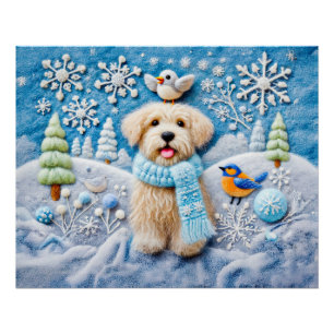 Poster Chien en feutre dans une scène hivernale enneigée