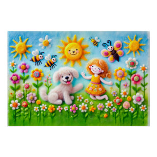 Poster Chien et Enfant en Felt dans un Jardin de Fleurs