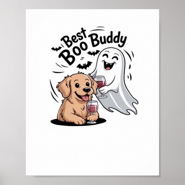Poster Chien et fantôme buvant du vin. T-shirt classique (Devant)