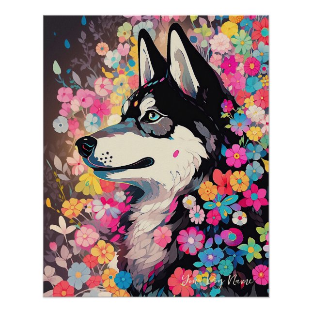 Poster Chien et fleurs de Sibérie Husky 004 - Bijou sur m (Devant)