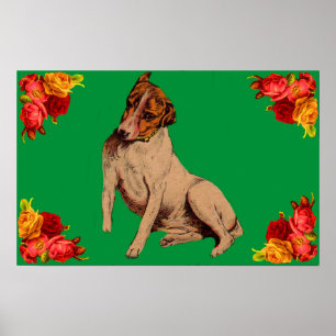 Poster Chien et fleurs victoriens