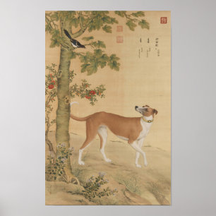 Poster Chien et oiseau d'art vintage Greyhound chinois