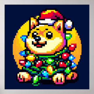 Poster Chien Festif - Joli Pixel Art lumières de Noël
