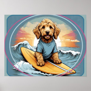 Poster Chien gribouillé surfant