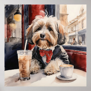 Poster Chien Havanais buvant un Milkshake dans un café