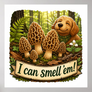 Poster Chien heureux reniflant des morilles - Amour de la
